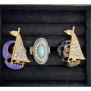 Adjustable Nautical Ring Lot • 3 Pc Sailboat & Faux Turquoise Statement Set